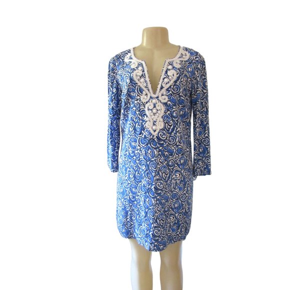 Lilly Pulitzer Julianna Embroidered Beaded Tunic Chasing Tail Blue/White Dress S - Picture 2 of 9